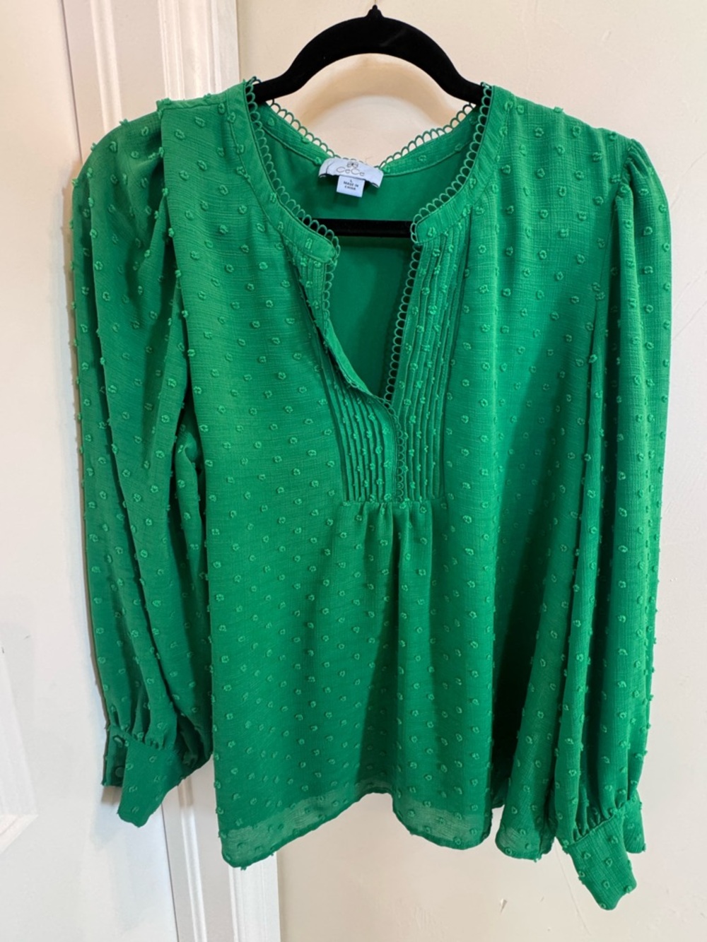 CeCe bright green pintuck dot blouse